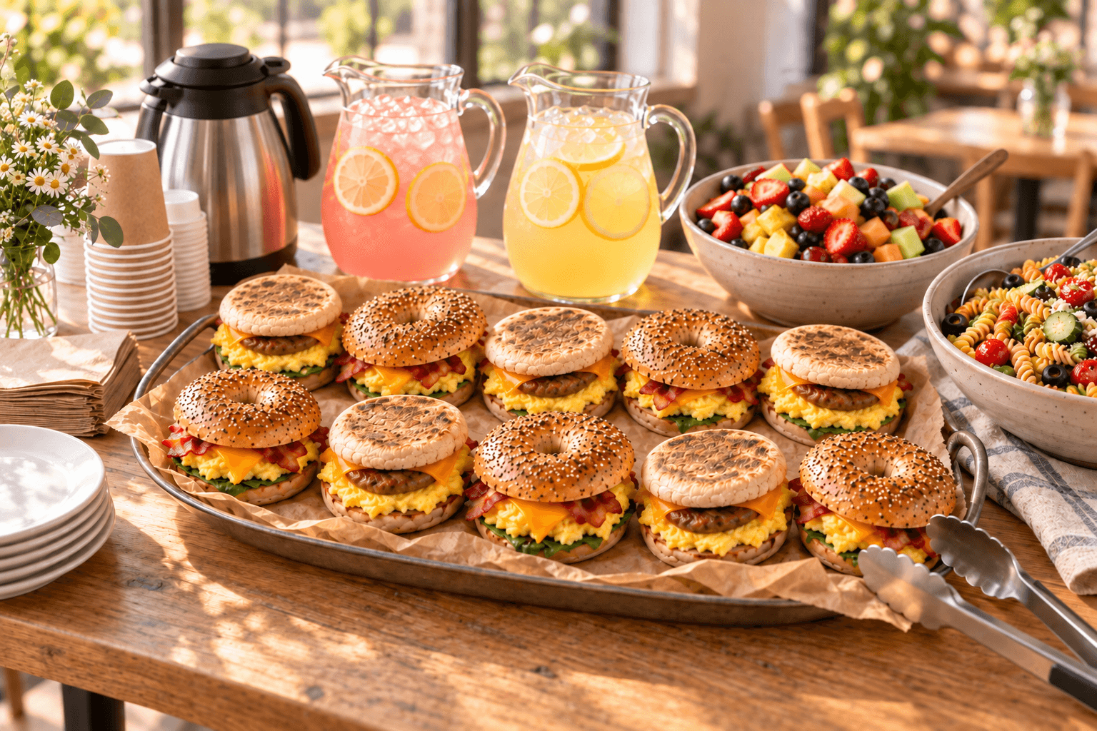 Breakfast catering spread with 10 sandwiches, fruit and pasta, and optional coffee and lemonade serving equipment