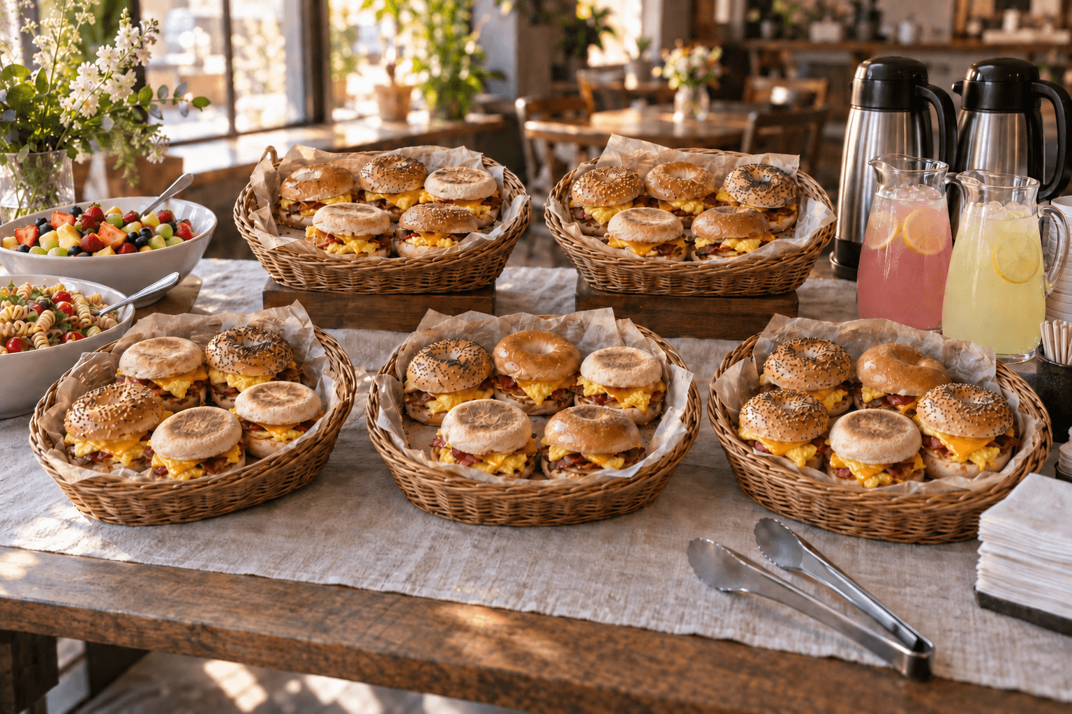 Breakfast catering spread with 25 sandwiches, fruit and pasta, and optional coffee and lemonade serving equipment