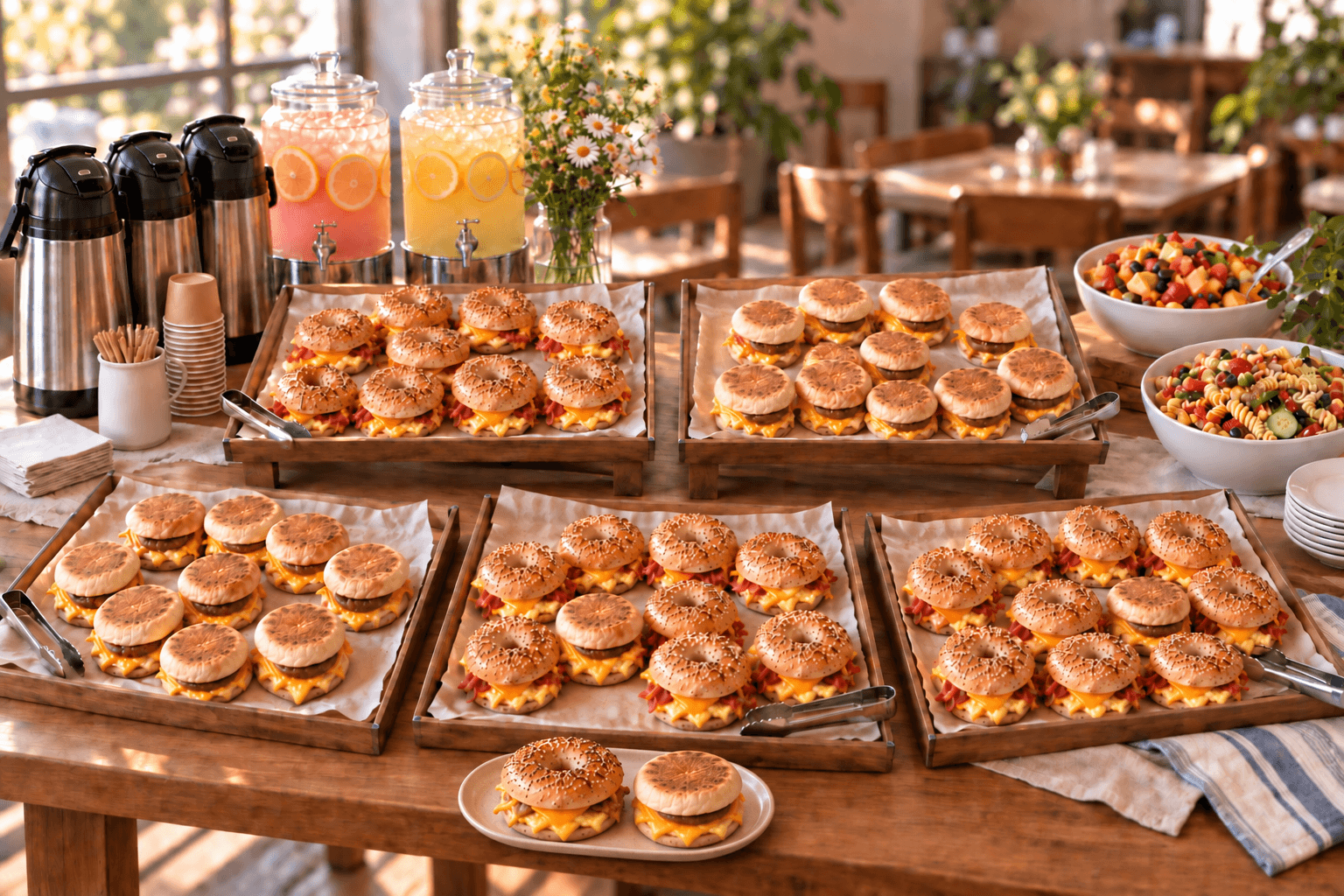 Breakfast catering spread with 50 sandwiches, fruit and pasta, and optional coffee and lemonade serving equipment